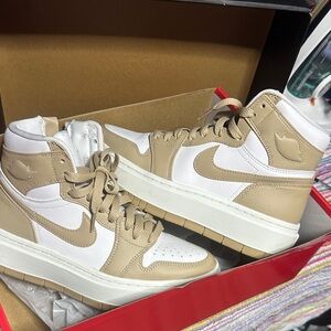 Jordan Tan and White High-Top Sneakers